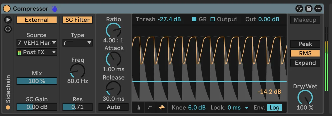 The stock Ableton Compressor settings used for the sidechain