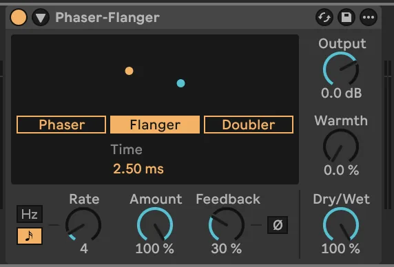 Ableton stock Flanger set to Four, widened, with feedback added