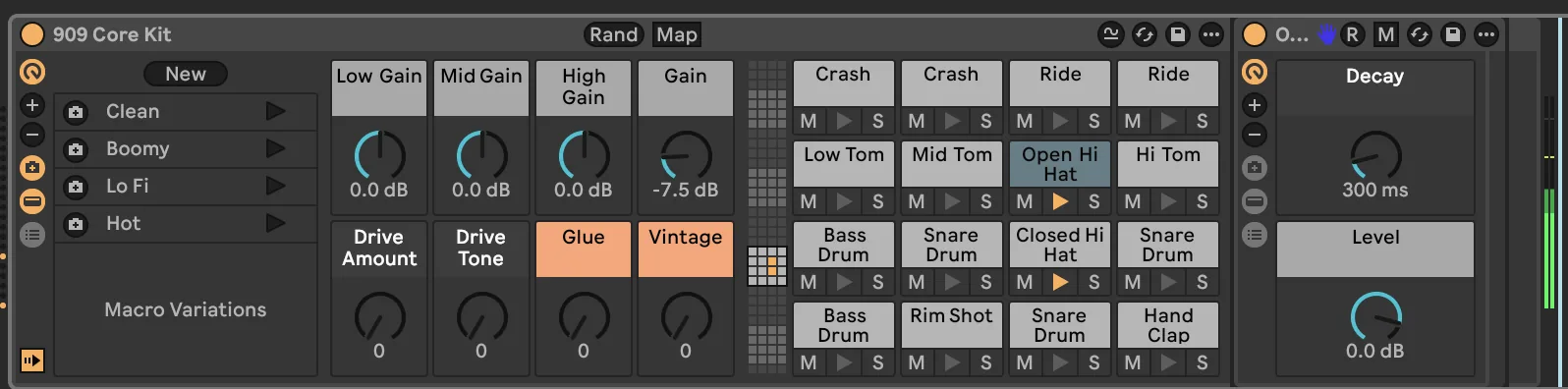 The stock Ableton 909 hats with the decay shortened to 300ms
