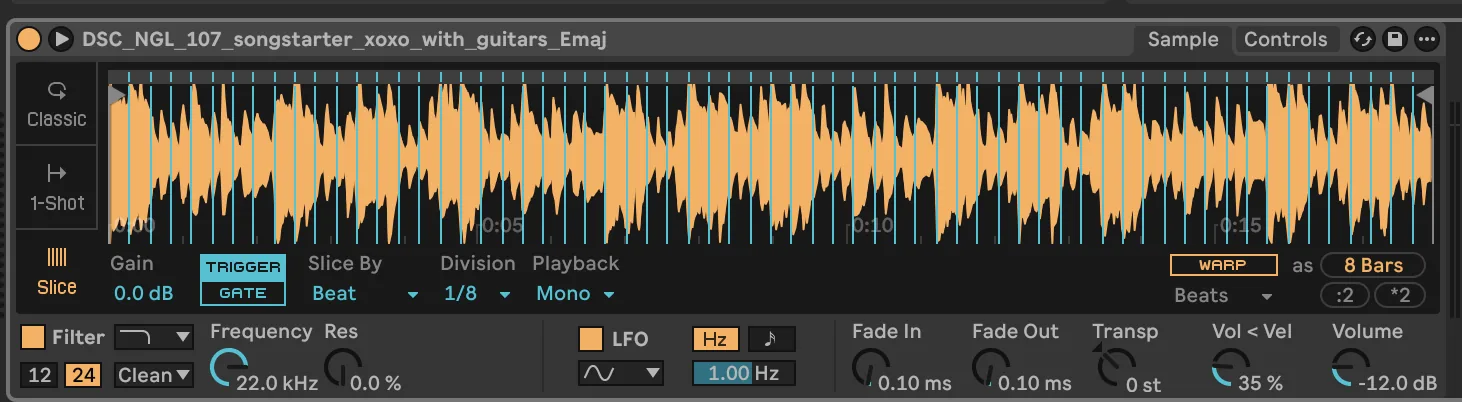 Simpler set to slice by beat at a 1/8 division, mimicking MPC and SP1200 sampling