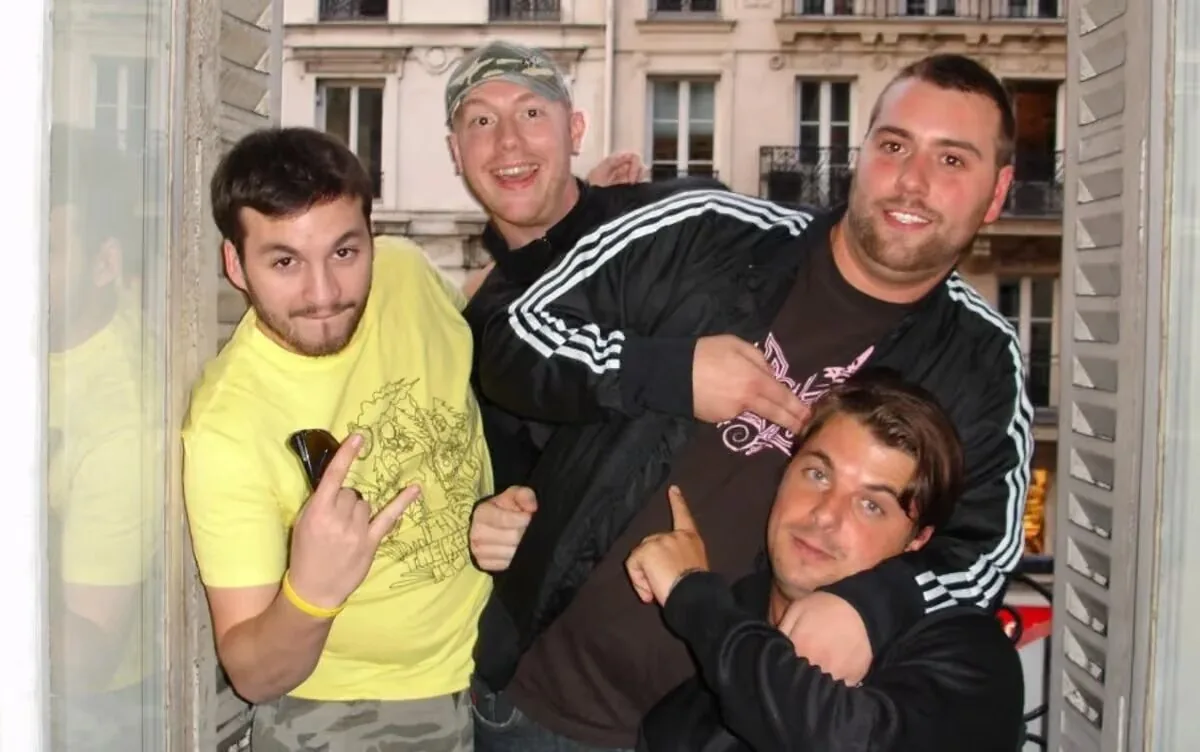 Steve Angello (left, in the yellow t-shirt), Eric Prydz (centre back, in the camo hat), Sebastian Ingrosso (top right, in the Adidas track jacket) and Axwell (bottom right, crouched in front)